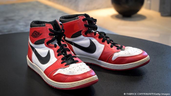A pair of basketball legend Michael Jordan's famous Air Jordans from his rookie season during an auction preview at Sotheby's