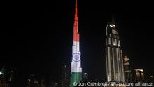 The Burj Khalifa, the world's tallest building, displays the flag of India in Dubai, United Arab Emirates, Saturday, Feb. 10, 2018. Indian Prime Minister Narendra Modi arrived in the UAE on Saturday night as part of a tour of the Middle East. (AP Photo/Jon Gambrell)