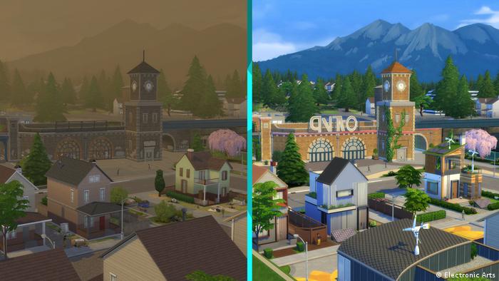 Side by side stills of Sims 4 showing a polluted and a clean town