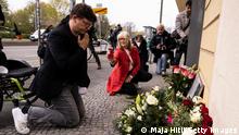 POTSDAM, GERMANY - APRIL 29: A disabled man puts flowers near Oberlin care clinic on April 29, 2021 in Potsdam, Germany. Four people were found dead late Wednesday in a home for the disabled in Potsdam and police have arrested a 51-year-old home employee on suspicion of murder, police said. A fifth person with severe injuries was taken to hospital. The victims were residents of the Thusnelda-von-Saldern-Haus facility near the Oberlin hospital.
(Photo by Maja Hitij/Getty Images)
