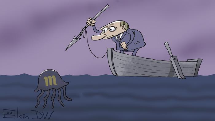 Putin stands in a boat and throws a harpoon at a jellyfish with the logo of the eponymous media outlet 