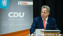 Hans-Georg Maassen, former head of the Germany domestic intelligence service, addresses a constituency meeting of the Christian Democratic Union (CDU) district associations in Suhl, eastern Germany on April 30, 2021. - Maassen, is also running for direct candidate for the upcoming federal election in this constituency, which will be elected at the meeting. (Photo by JENS SCHLUETER / AFP) (Photo by JENS SCHLUETER/AFP via Getty Images)