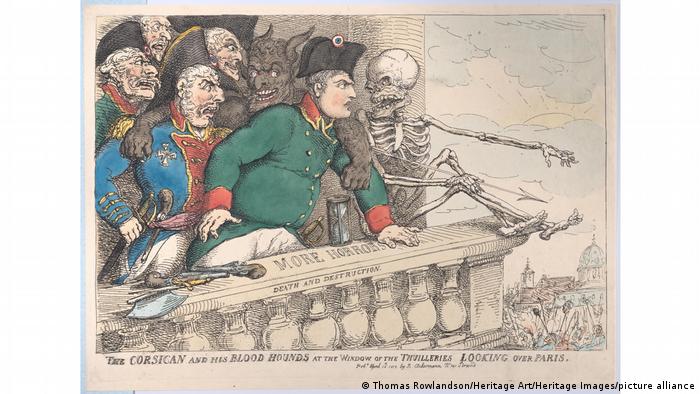 Cartoon titled The Corsican and his bloodhounds showing Napoleon on a balcony, next to him are generals, a skeleton and the devil.