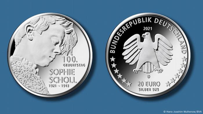 Moedas comemorativas pelos 100 anos de nascimento de Sophie Scholl