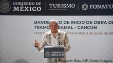 Mexican President Andres Manuel Lopez Obrador speaks during the laying of the first stone of the Tren Maya tourist train, in El Ideal, Quintana Roo State, Mexico, on June 1, 2020. - Lopez Obrador inaugurated the construction of the Izamal-Cancun section of the Tren Maya on Monday, the flagship project of his government which he hopes to turn into an engine for economic reactivation in the face of the COVID-19 novel coronavirus pandemic. The project is questioned by social and environmental organizations. (Photo by Elizabeth RUIZ / AFP) (Photo by ELIZABETH RUIZ/AFP via Getty Images)