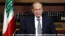 BEIRUT, LEBANON - MARCH 17: (----EDITORIAL USE ONLY Äì MANDATORY CREDIT - LEBANESE PRESIDENCY / HANDOUT - NO MARKETING NO ADVERTISING CAMPAIGNS - DISTRIBUTED AS A SERVICE TO CLIENTS----) Lebanese President Michel Aoun speaks during a televised address in Beirut, Lebanon on March 17, 2021. Lebanese Presidency/Handout / Anadolu Agency