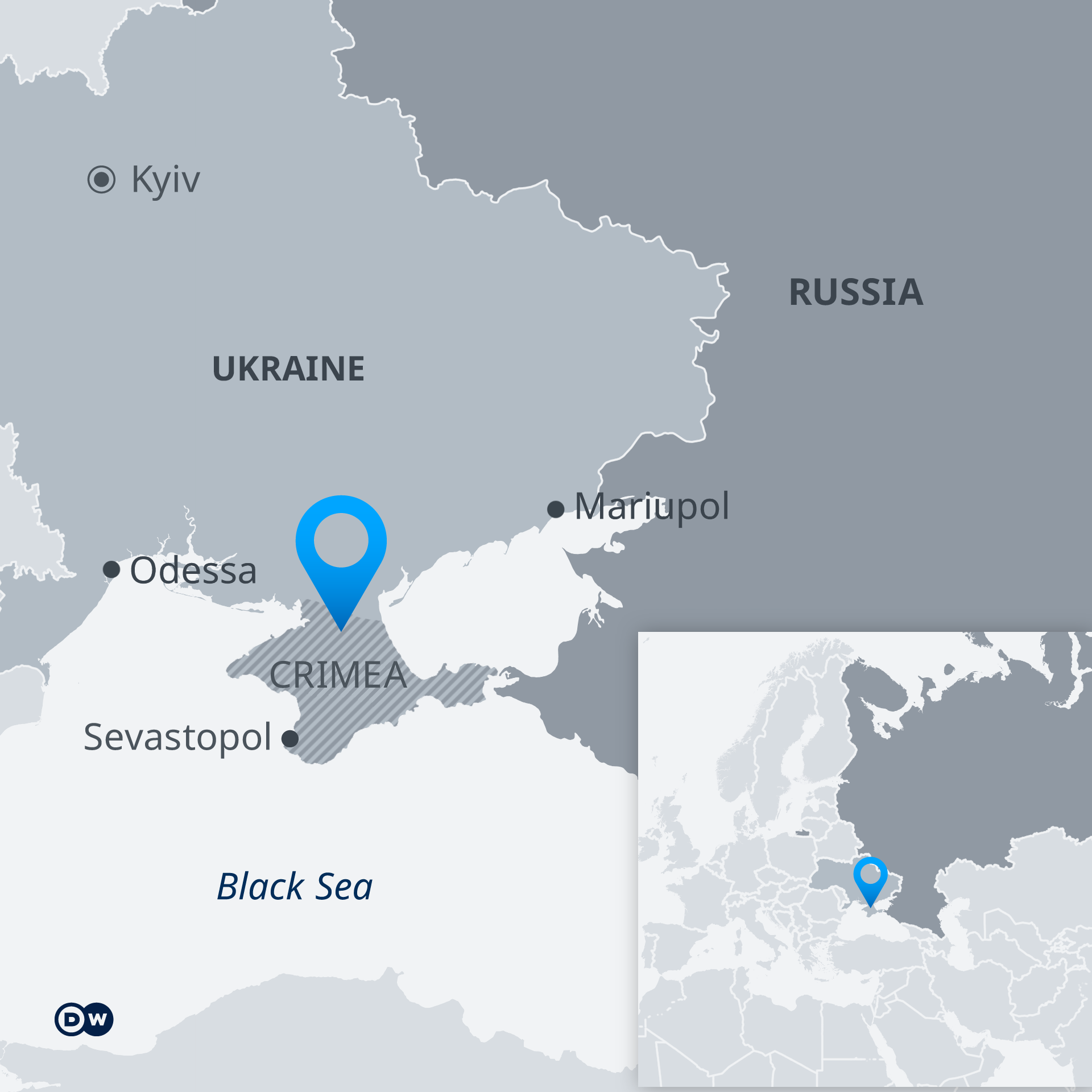 A map of Ukraine and Russia, featuring Crimea as a separate territory