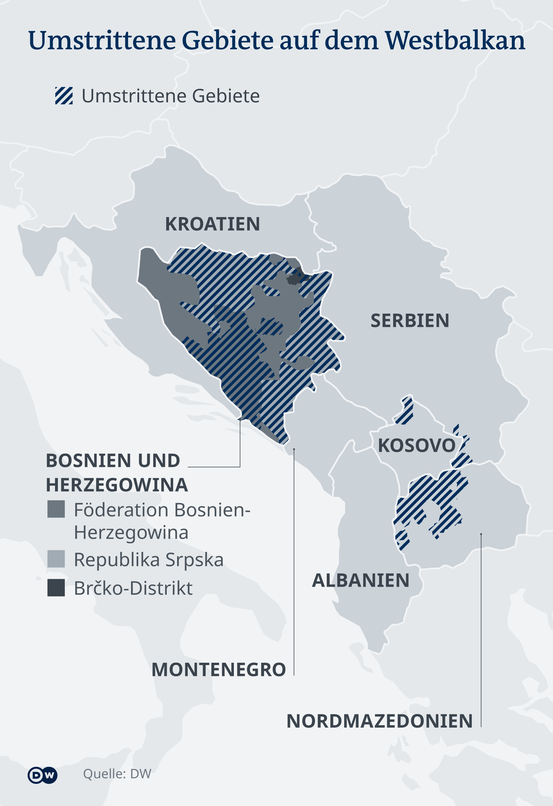 Карта с оспорваните територии на Западните Балкани
