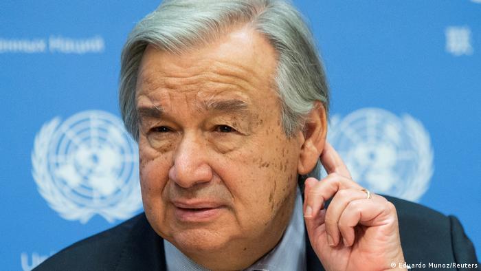 Secretary-General Antonio Guterres listens to a question during a news conference at UN headquarters