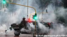 A police armored vehicle is pictured during a protest against poverty and police violence in Bogota, Colombia May 5, 2021. REUTERS/Nathalia Angarita NO RESALES. NO ARCHIVES TPX IMAGES OF THE DAY
