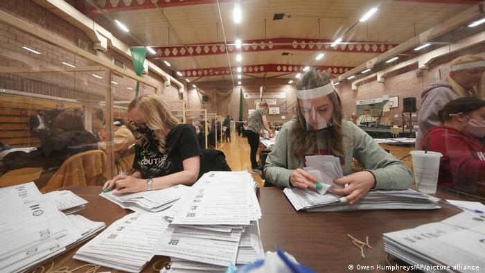 Election workers count votes for the Hartlepool parliamentary special-election.