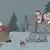 Карикатура Сергея Елкина - бабушка с корзинкой идет по лесу, за ней следуют два чиновника с циркулем и линейкой