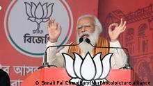 Indian Prime Minister Narendra Modi deliver his speech to the supporters of Bharatiya Janata Party (BJP) during a mega rally ahead of the state legislative assembly elections in Barasat, North 24 Pargana district outskirts of Kolkata, India on 12th April, 2021. (Photo by Sonali Pal Chaudhury/NurPhoto)