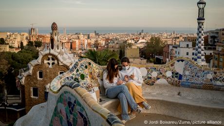 Visitors at the Park Guell in Barcelona, Spain