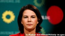 Annalena Baerbock, co-leader of Germany's Green party and top candidate for the upcoming national election in September, attends a news conference after a meeting with the party's leadership in Berlin, on April 26, 2021. (Photo by Markus Schreiber / POOL / AFP) (Photo by MARKUS SCHREIBER/POOL/AFP via Getty Images)