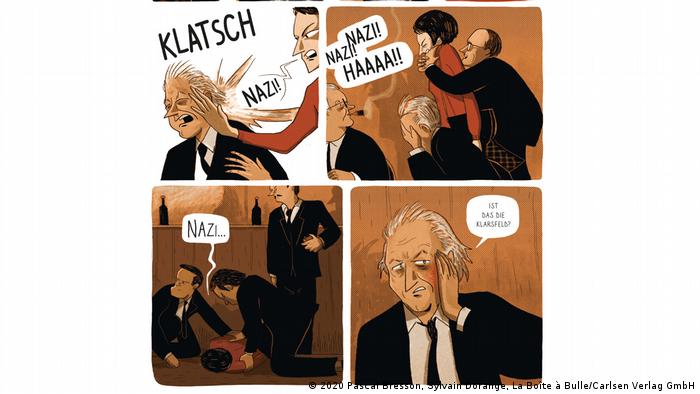 Four panels from the comic depicting Beate slapping the chancellor.