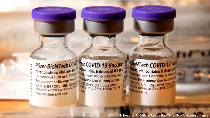 Vials containing the BioNTech-Pfizer vaccine 