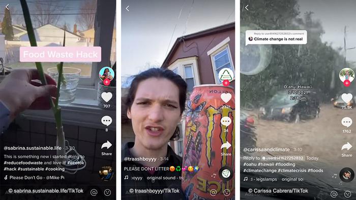 Tres capturas de pantalla de videos de EcoTok sobre temas como los residuos cero y la crisis climática.