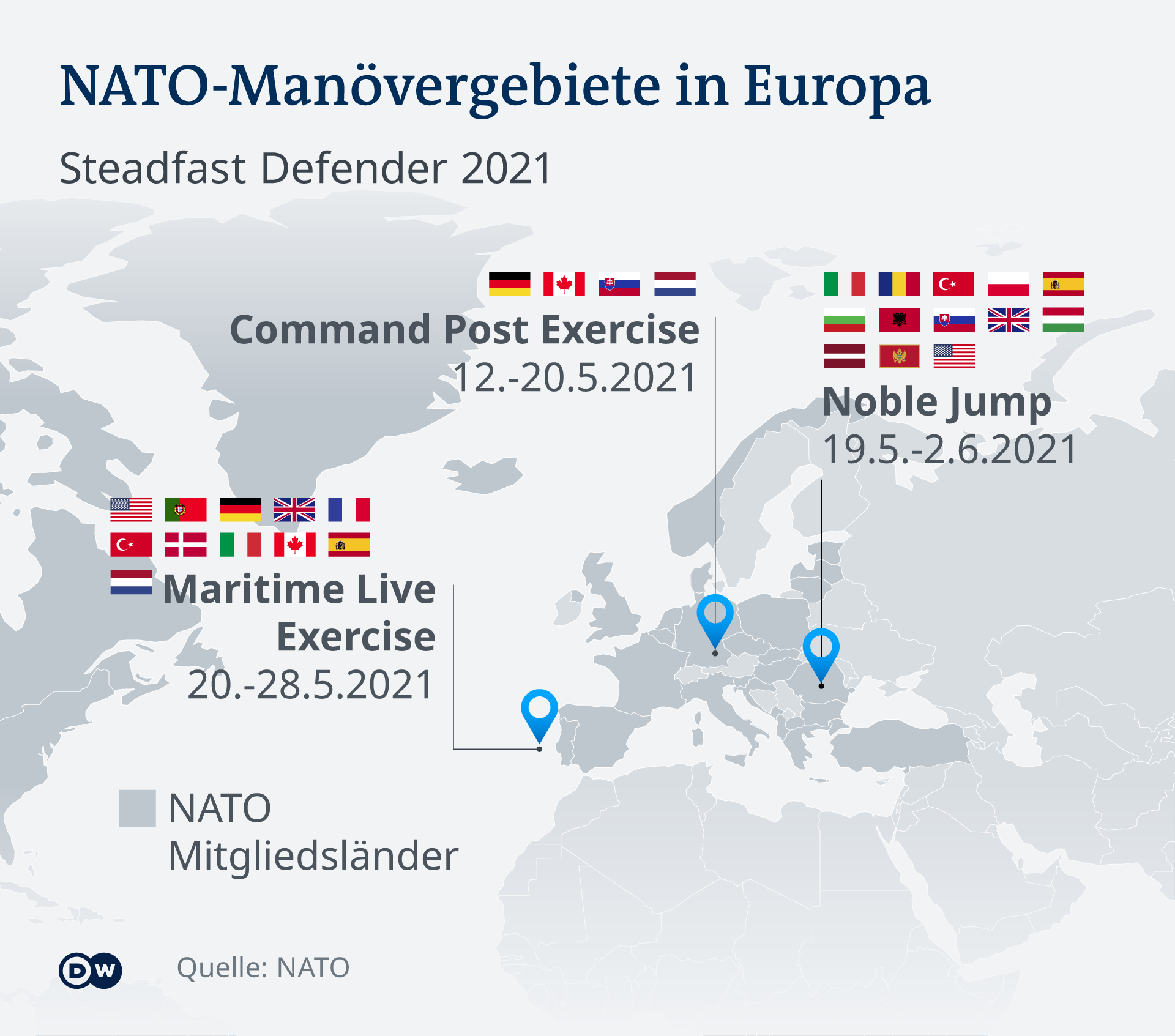 Infografik Karte NATO Manövergebiete in Europa DE