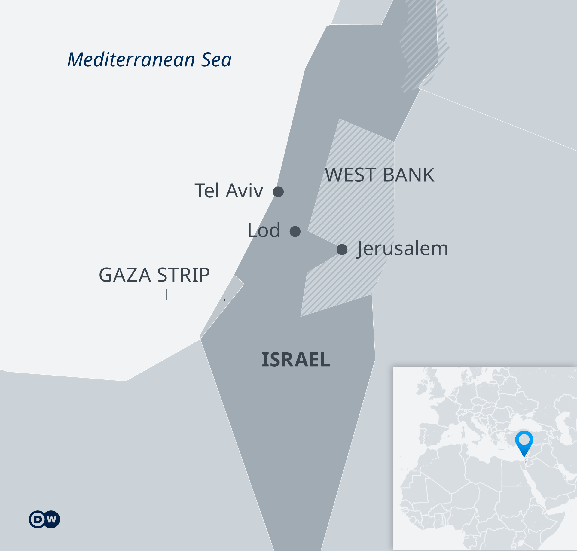 A map showing Israel, West Bank and Gaza