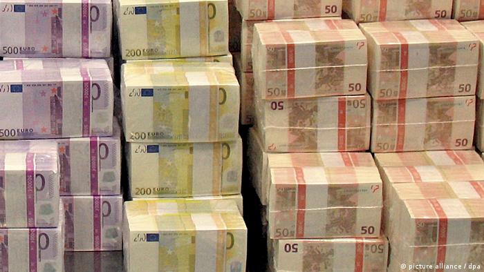 Bundles of newly minted euro banknotes