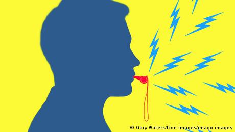 Symbolic picture of a whistleblower, with a gray silhouette of a person blowing a red whistle against a bright yellow background