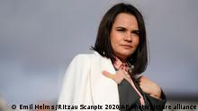 Belarusian opposition politician Svetlana Tsikhanouskaya is photographed prior to a meeting with Denmark's Foreign Minister Jeppe Kofod in Copenhagen, Friday, Oct. 23, 2020. Tikhanovskaja is in Denmark to receive the Politiken's Freedom Prize. (Emil Helms /Ritzau Scanpix 2020 via AP)