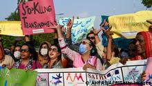 Members of the transgender community shout slogans during a demonstration to a protest against the killing of a transgender woman in Lahore on September 14, 2020. 