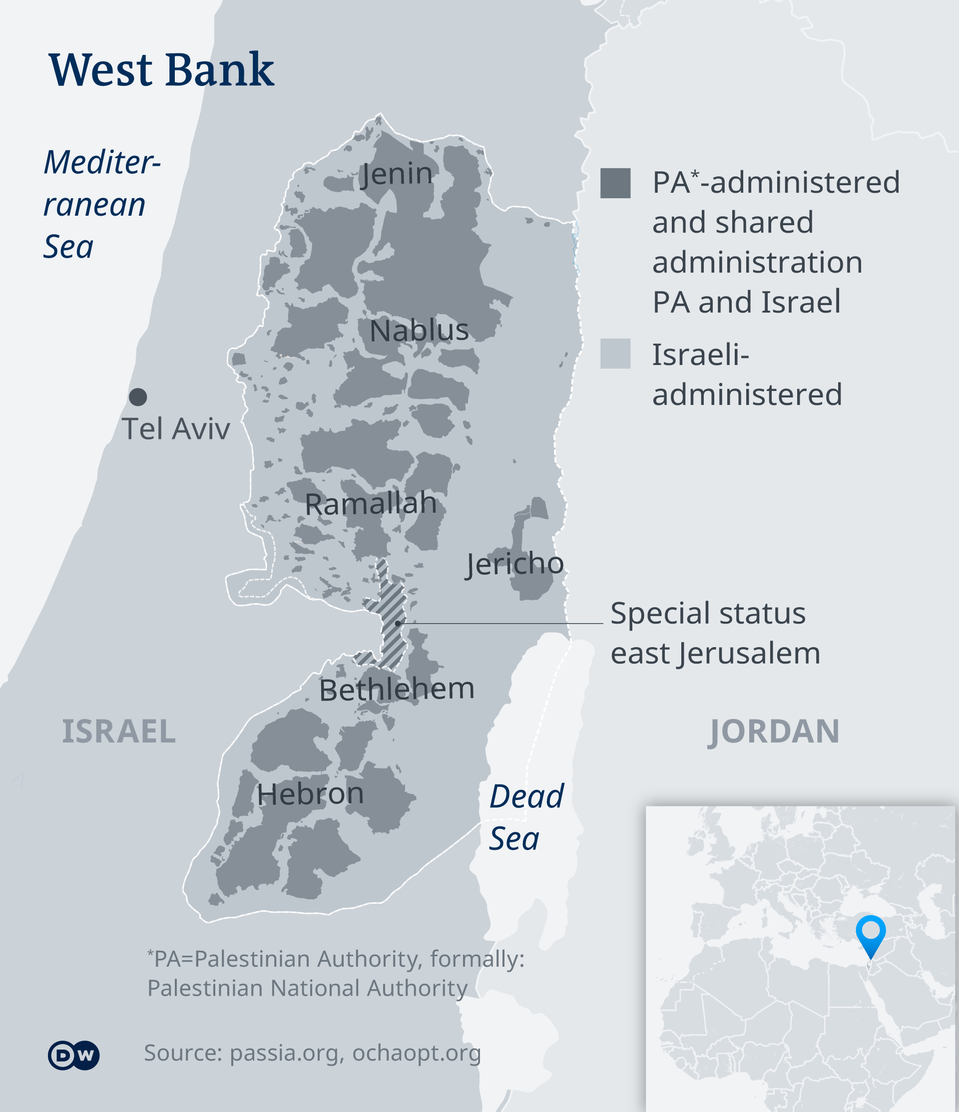 A map showing areas in the West Bank administered by the Palestinian Authority (PA) and Israel 