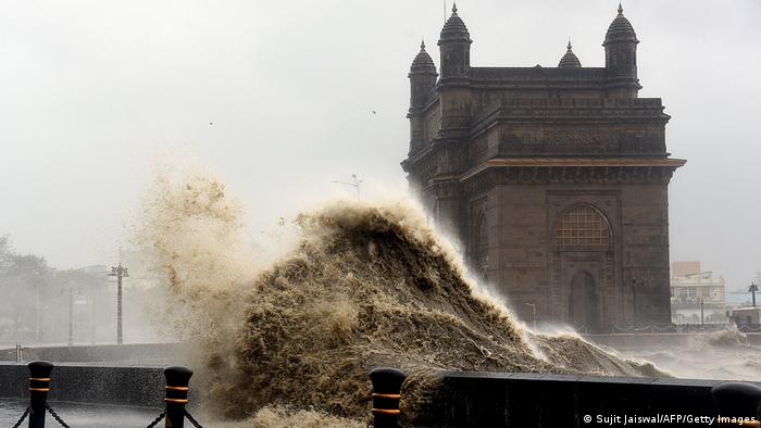 Waves lash over at the Gateway of India in Mumbai