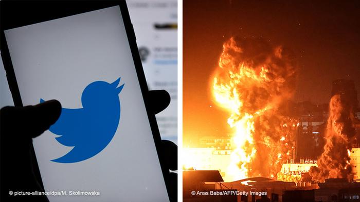 Zwei Fotos, eines von einem Twitter-Logo auf einem Telefon und eines von einer Explosion in der Stadt Gaza