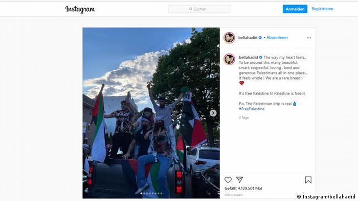 Screenshot eines Instagram-Posts von Bella Hadid, der eine „Freies Palästina“-Demonstration zeigt
