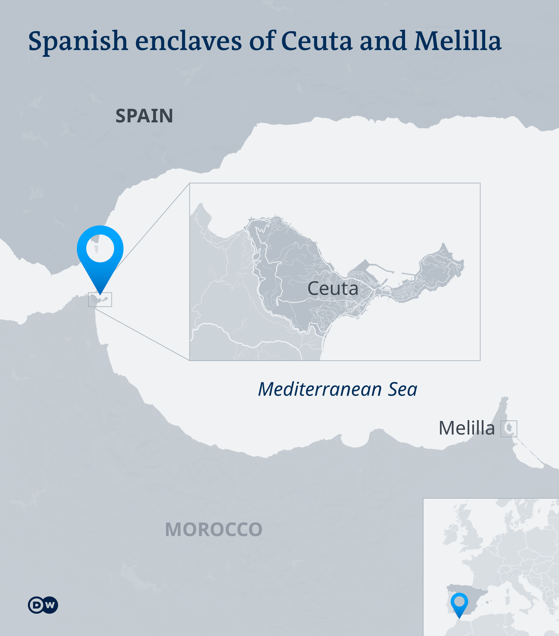 A map showing the locations of Ceuta and Melilla in north Africa