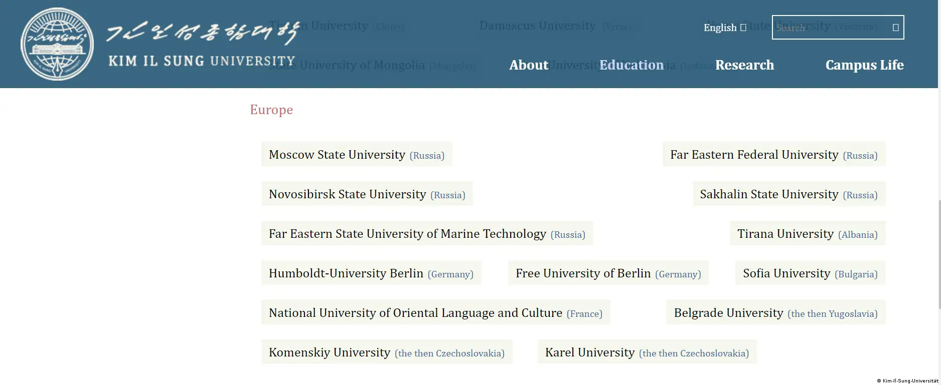 Nordkorea Kim-Il-Sung-Universität, Screenshot der befreundeten Unis aus Europa