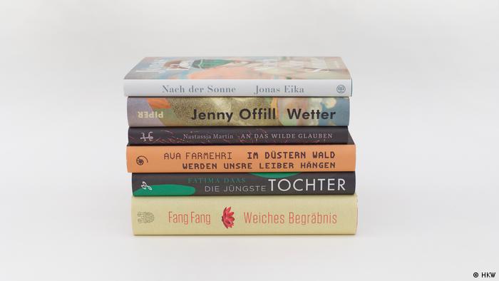 A pile of six books, the titles nominated for the International Literature Prize.