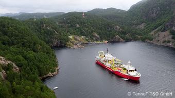 Norwegian cable-laying vessel Nexans Skagerrak during work in the fjord