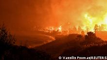 Flames rise as a wildfire burns next to the beach of the village of Schinos, near Corinth, Greece, May 19, 2021. Picture taken May 19, 2021. REUTERS/Vassilis Psomas