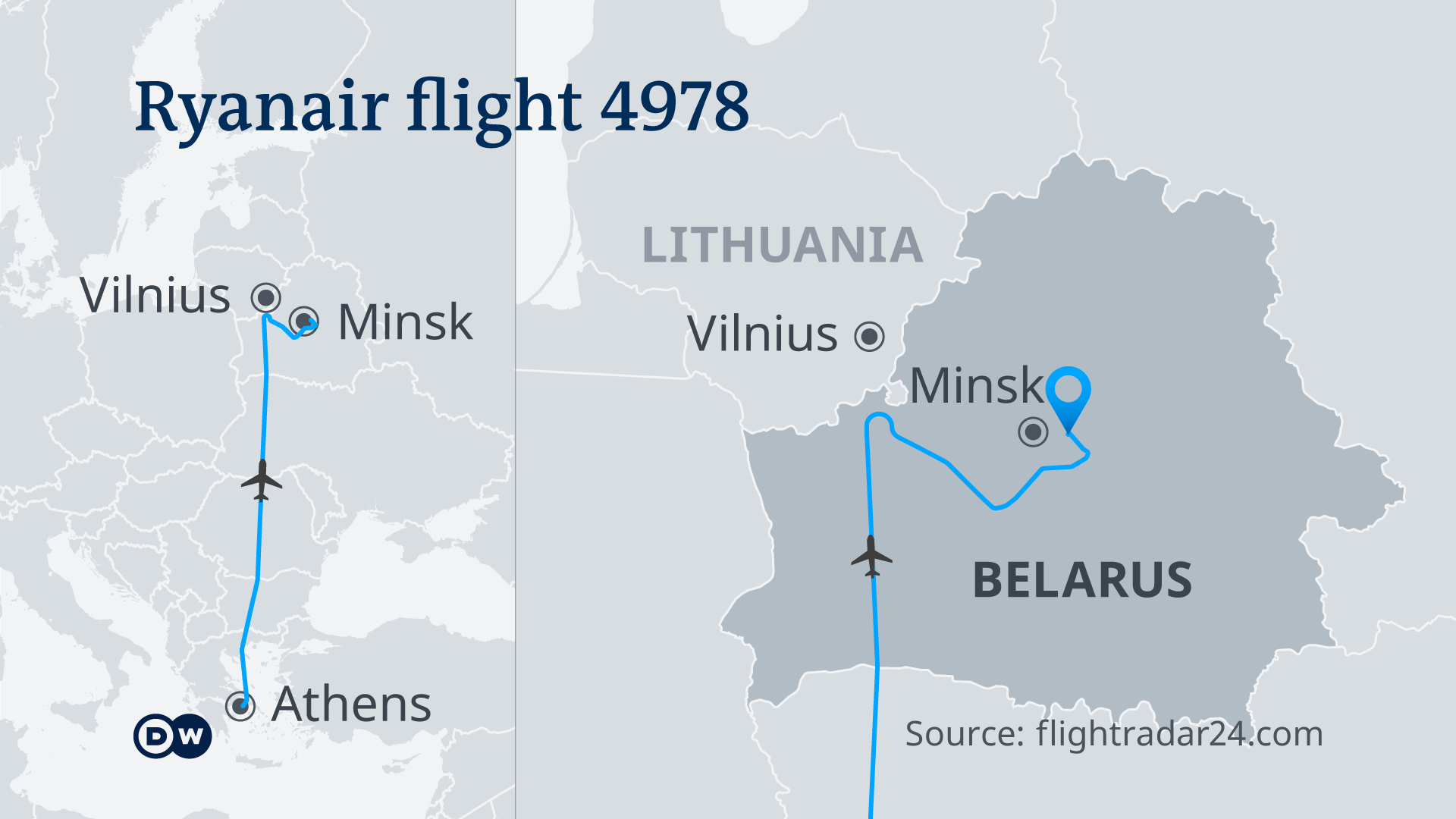 Žemėlapis, rodantis „Ryanair“ skrydžio maršrutą 4978