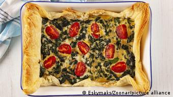 Home made spinach quiche top view.