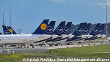 Passagierflugzeuge der Fluggesellschaft Lufthansa stehen auf dem Areal des Hauptstadtflughafens Berlin-Brandenburg (BER) abseits der Start- und Landebahn.