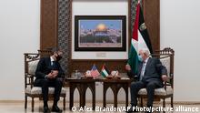 Secretary of State Antony Blinken speaks with Palestinian President Mahmoud Abbas, Tuesday, May 25, 2021, in West Bank city of Ramallah. (AP Photo/Alex Brandon, Pool)