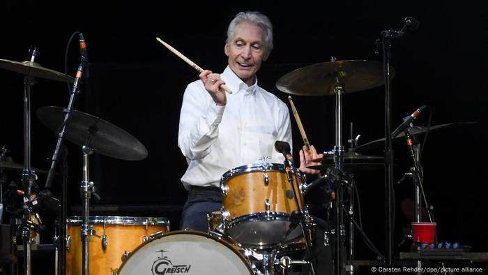 Charlie Watts playing on a set of Gretsch drums.