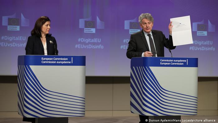 EU commissioner's Thierry Breton and Vera Jourova speaking at a press conference on tackling disinformation