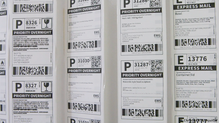 An installation of shipping labels.