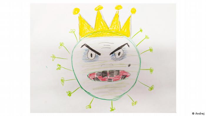 A child's drawing of the coronavirus, with a scary look, crown and black teeth.