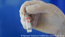 CHUVASHIA, RUSSIA - MAY 27, 2021: An ampoule with the Gam-COVID-Vac (Sputnik V) vaccine against COVID-19 used by a medical team of the Vurnary Central District Hospital in a mobile health unit deployed in the village of Kyumel-Yamashi. Semyon Antonov/TASS