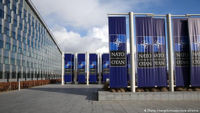 Nato headquarters in Brussels, building and many Nato flags