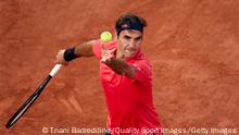 PARIS, FRANCE - JUNE 05: Roger Federer of Switzerland serves in his Third Round match against Dominik Koepfer of Germany during day seven of the 2021 French Open at Roland Garros on June 05, 2021 in Paris, France. (Photo by Tnani Badreddine/Quality Sport Images/Getty Images)