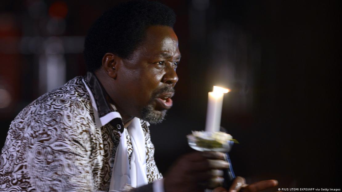 Nigerian pastor TB Joshua speaks during a New Year's memorial service for the South African relatives of those killed in a building collapse at his Lagos megachurch on December 31, 2014. Nigerian pastor TB Joshua speaks during a New Year's memorial service for the South African relatives of those killed in a building collapse at his Lagos megachurch on December 31, 2014.