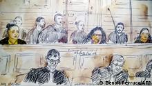 This court sketch made on September 23, 2019 in Paris courthouse, shows (LtoR) Ines Madani, Ornella Gilligmann and Sarah Hervouet during the trial of five women on charges of an alleged plot to detonate a car bomb in front of Paris' Notre-Dame cathedral. - It is the first time women have appeared on charges of jihadist terrorism in an assize court, which handles the most serious crimes in France. Four of the women risk up to life in prison and the fifth a 30-year sentence for the September 2016 plot at the mediaeval cathedral, which in April 2019 was ravaged by an accidental fire. (Photo by Benoit PEYRUCQ / AFP)
